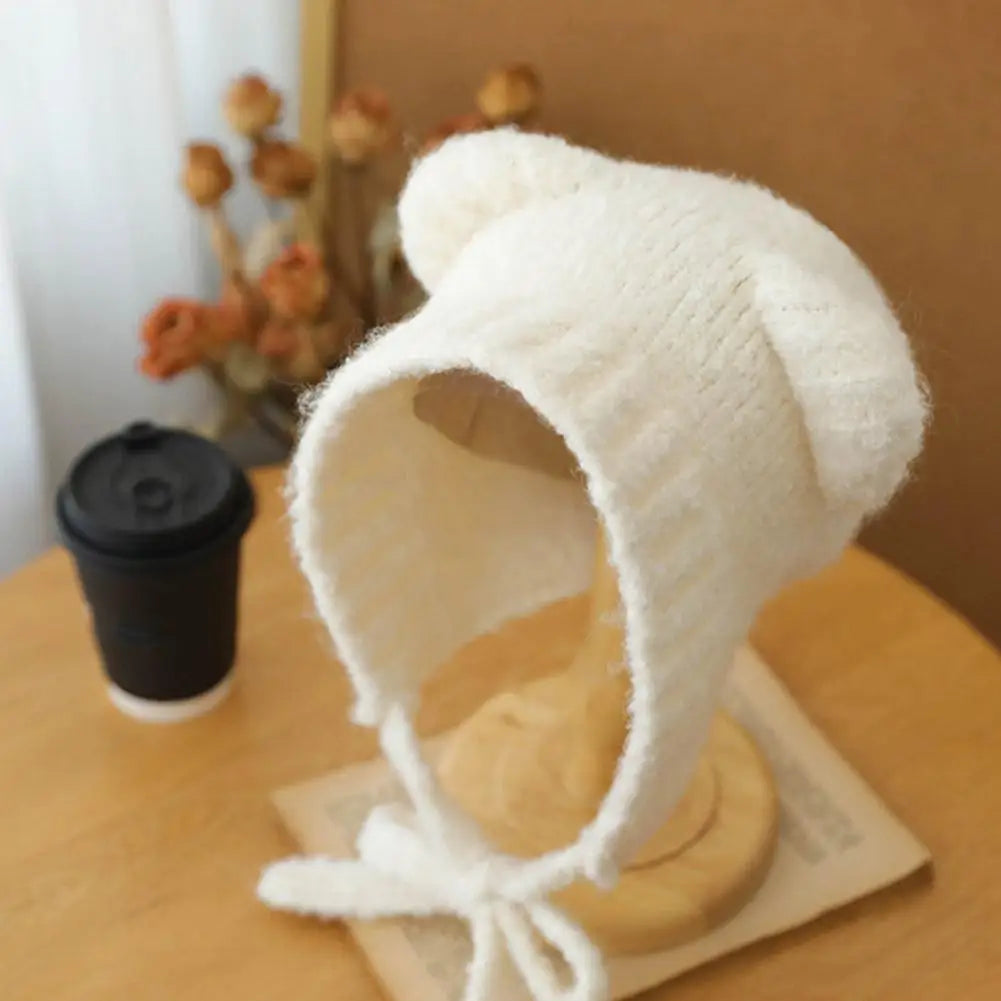 Autumn/Winter Cute Plush Wool Hat with Bear Ear Cold-proof Windproof Knitted Hat Long-lasting Warm for Women Girls