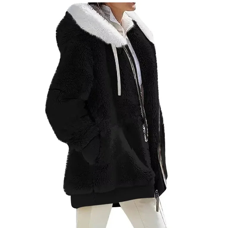 Autumn Winter Fashion Women's Coat New Casual Hooded Zipper Lady Clothes Cashmere Female Fleece Jacket Solid Color Ladies Coats