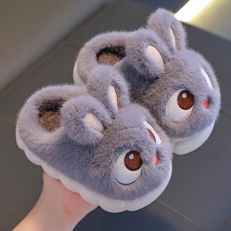 New Winter Cute Big eyed Rabbit Children's Waterproof Warm Non-slip Fluffy Slippers For Girls Boys Kids Indoor Home Cotton Shoes