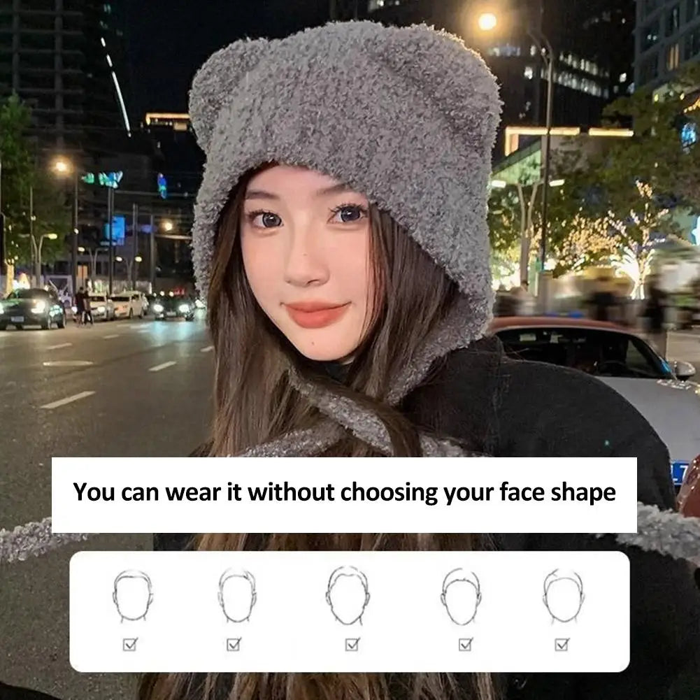 Autumn/Winter Cute Plush Wool Hat with Bear Ear Cold-proof Windproof Knitted Hat Long-lasting Warm for Women Girls