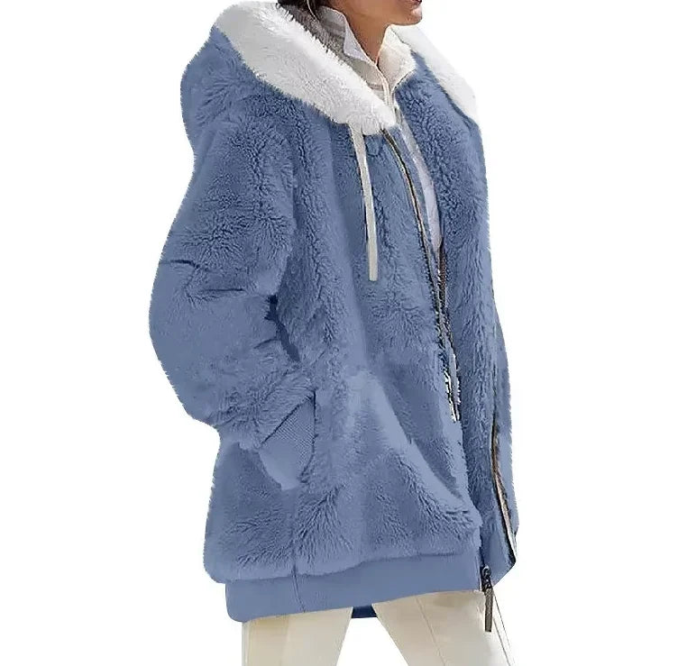 Autumn Winter Fashion Women's Coat New Casual Hooded Zipper Lady Clothes Cashmere Female Fleece Jacket Solid Color Ladies Coats
