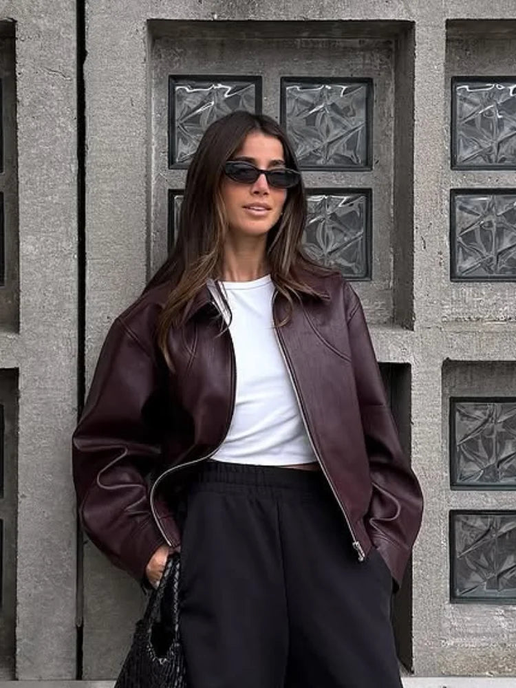 Wine Red Lapel Leather Short Coat Retro Women's Zipper Long Sleeve Jackets Female 2025 New Autumn Fashion High Street Jackets