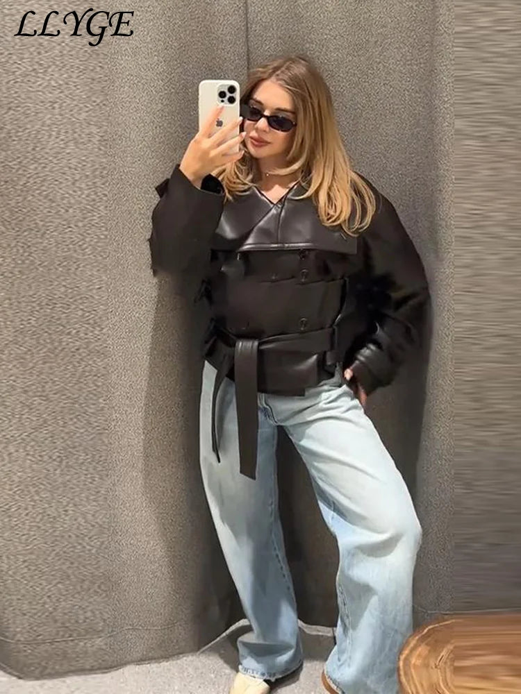 Street Women's Cropped Leather Jackets With Belt Lapel Double Breasted Pockets Long Sleeve Coat 2025 Autumn Lady Vintage Outwear