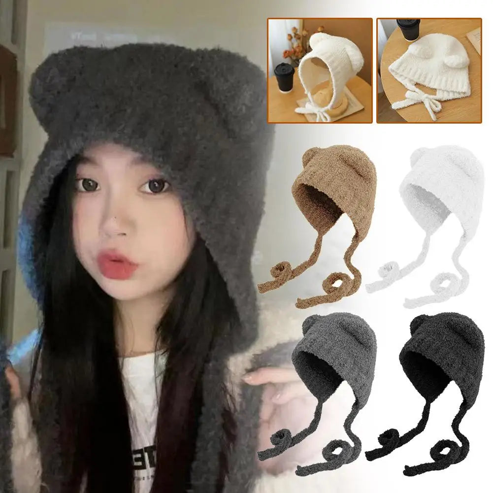 Autumn/Winter Cute Plush Wool Hat with Bear Ear Cold-proof Windproof Knitted Hat Long-lasting Warm for Women Girls