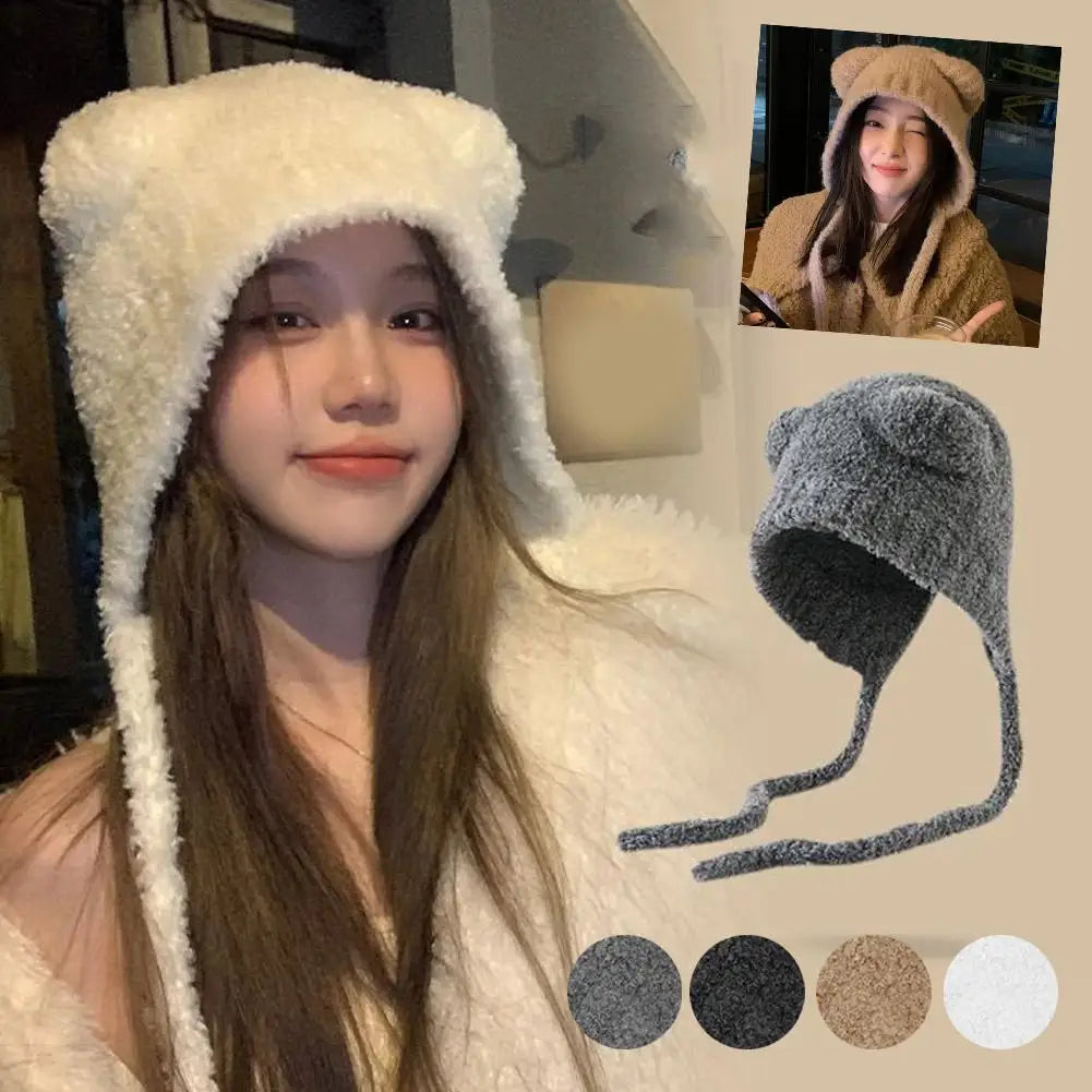 Autumn/Winter Cute Plush Wool Hat with Bear Ear Cold-proof Windproof Knitted Hat Long-lasting Warm for Women Girls