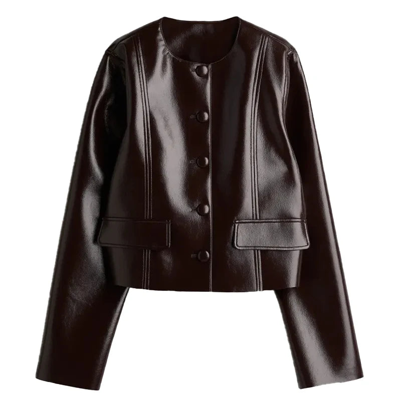 Street Women's Cropped Leather Jackets With Belt Lapel Double Breasted Pockets Long Sleeve Coat 2025 Autumn Lady Vintage Outwear