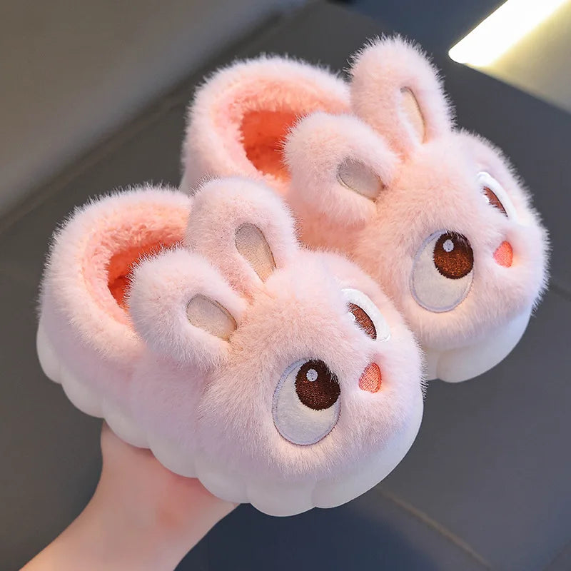 New Winter Cute Big eyed Rabbit Children's Waterproof Warm Non-slip Fluffy Slippers For Girls Boys Kids Indoor Home Cotton Shoes