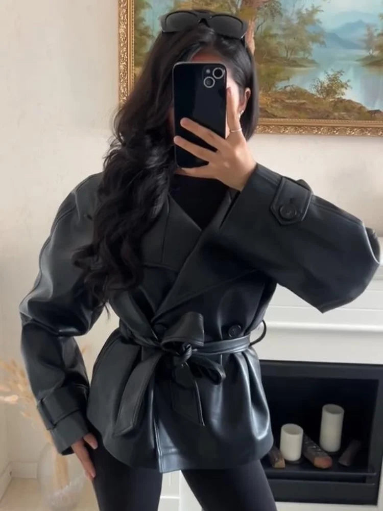 Street Women's Cropped Leather Jackets With Belt Lapel Double Breasted Pockets Long Sleeve Coat 2025 Autumn Lady Vintage Outwear
