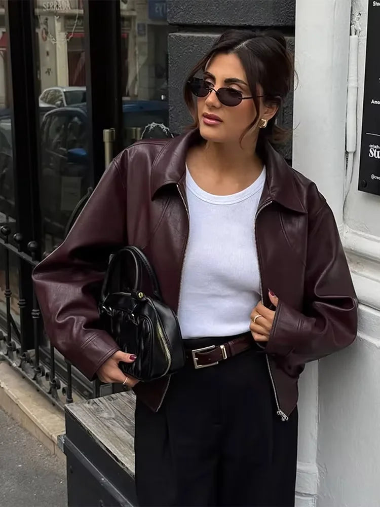 Wine Red Lapel Leather Short Coat Retro Women's Zipper Long Sleeve Jackets Female 2025 New Autumn Fashion High Street Jackets