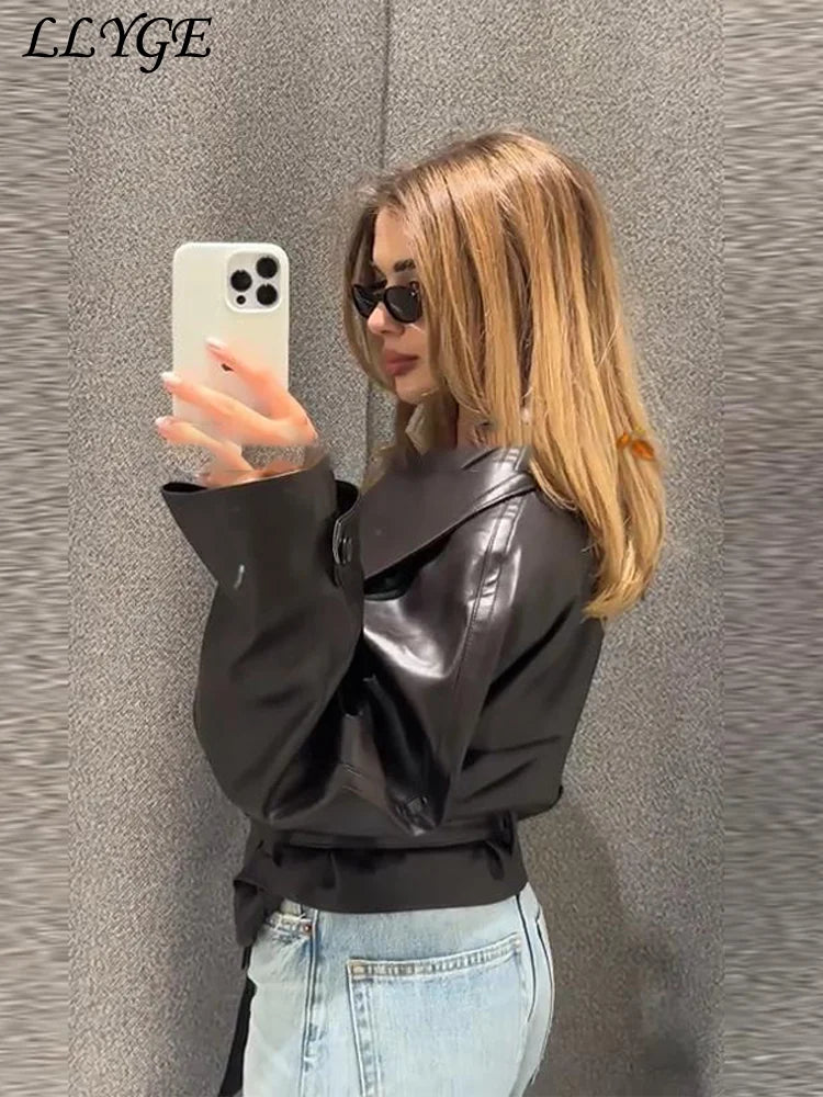 Street Women's Cropped Leather Jackets With Belt Lapel Double Breasted Pockets Long Sleeve Coat 2025 Autumn Lady Vintage Outwear