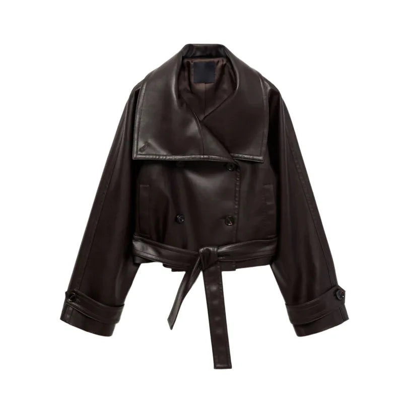 Street Women's Cropped Leather Jackets With Belt Lapel Double Breasted Pockets Long Sleeve Coat 2025 Autumn Lady Vintage Outwear