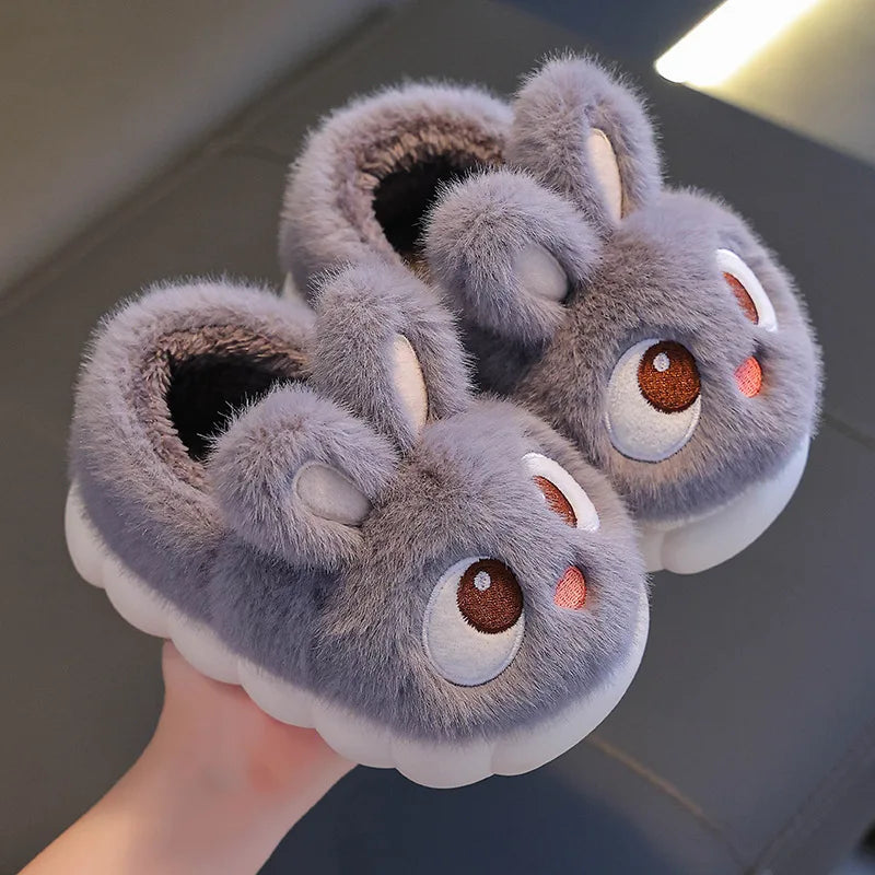 New Winter Cute Big eyed Rabbit Children's Waterproof Warm Non-slip Fluffy Slippers For Girls Boys Kids Indoor Home Cotton Shoes