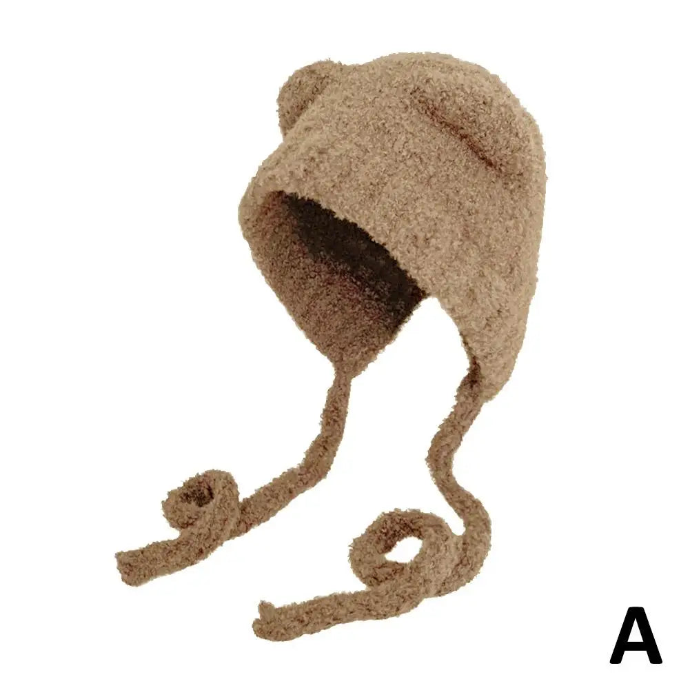 Autumn/Winter Cute Plush Wool Hat with Bear Ear Cold-proof Windproof Knitted Hat Long-lasting Warm for Women Girls