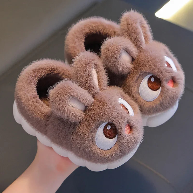 New Winter Cute Big eyed Rabbit Children's Waterproof Warm Non-slip Fluffy Slippers For Girls Boys Kids Indoor Home Cotton Shoes