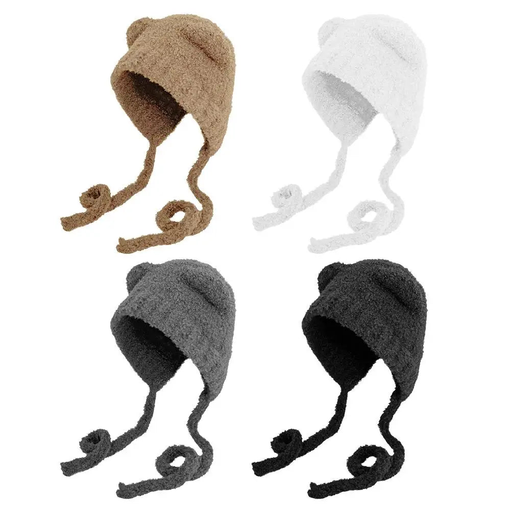 Autumn/Winter Cute Plush Wool Hat with Bear Ear Cold-proof Windproof Knitted Hat Long-lasting Warm for Women Girls