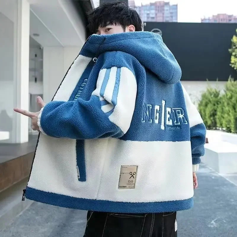 Trendy 2023 Winter Men's Hooded Jacket Loose-fit Cotton Coat Color Blocking For Cold Weather Casual Wear