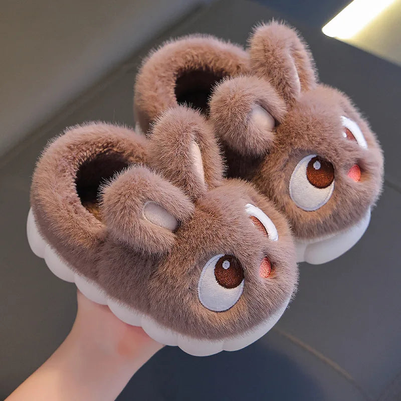 New Winter Cute Big eyed Rabbit Children's Waterproof Warm Non-slip Fluffy Slippers For Girls Boys Kids Indoor Home Cotton Shoes