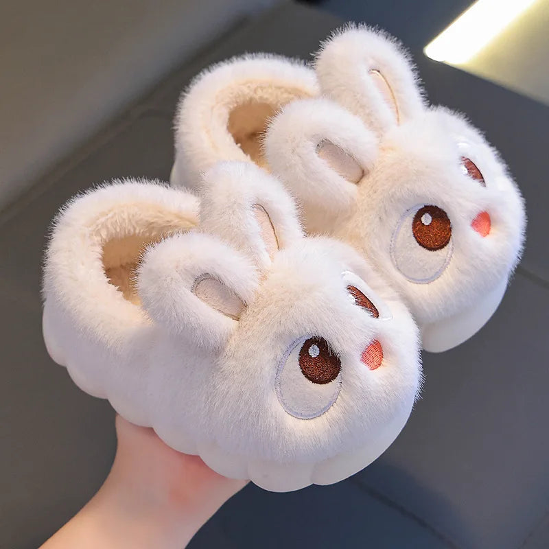 New Winter Cute Big eyed Rabbit Children's Waterproof Warm Non-slip Fluffy Slippers For Girls Boys Kids Indoor Home Cotton Shoes