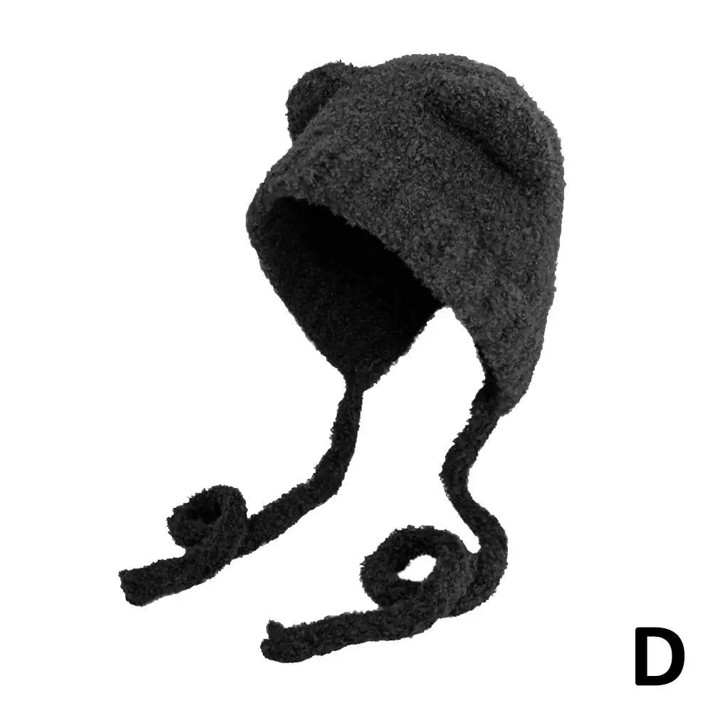 Autumn/Winter Cute Plush Wool Hat with Bear Ear Cold-proof Windproof Knitted Hat Long-lasting Warm for Women Girls