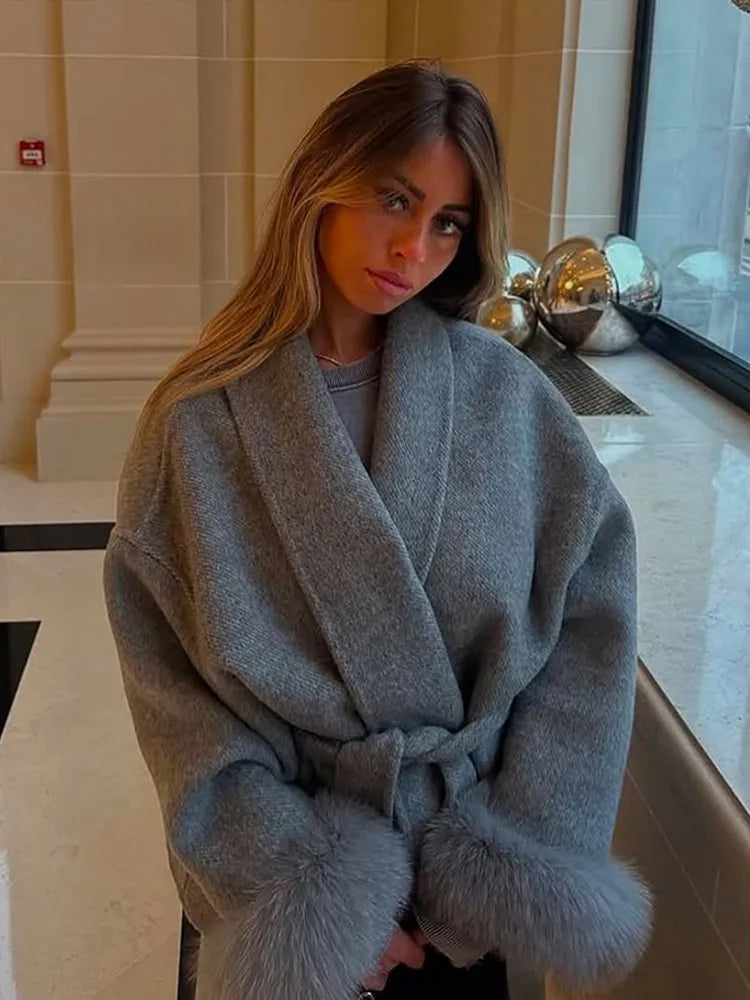 Elegant Lace Up Woolen Short Coats Solid Loose Lapel Furry Belt Long Sleeve Jacket Female 2025 Autumn Winter Lady Chic Cardigans