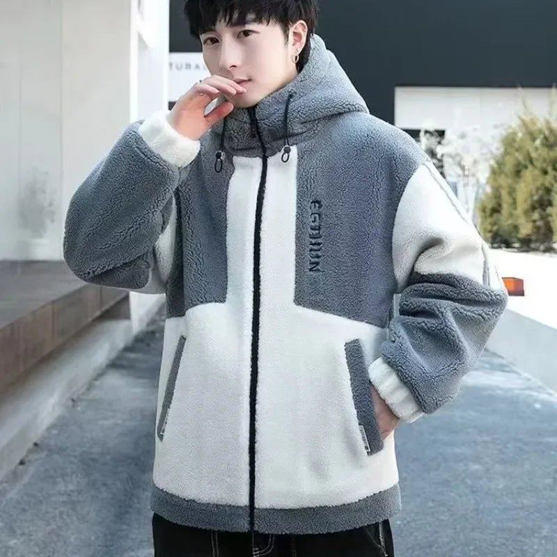 Trendy 2023 Winter Men's Hooded Jacket Loose-fit Cotton Coat Color Blocking For Cold Weather Casual Wear