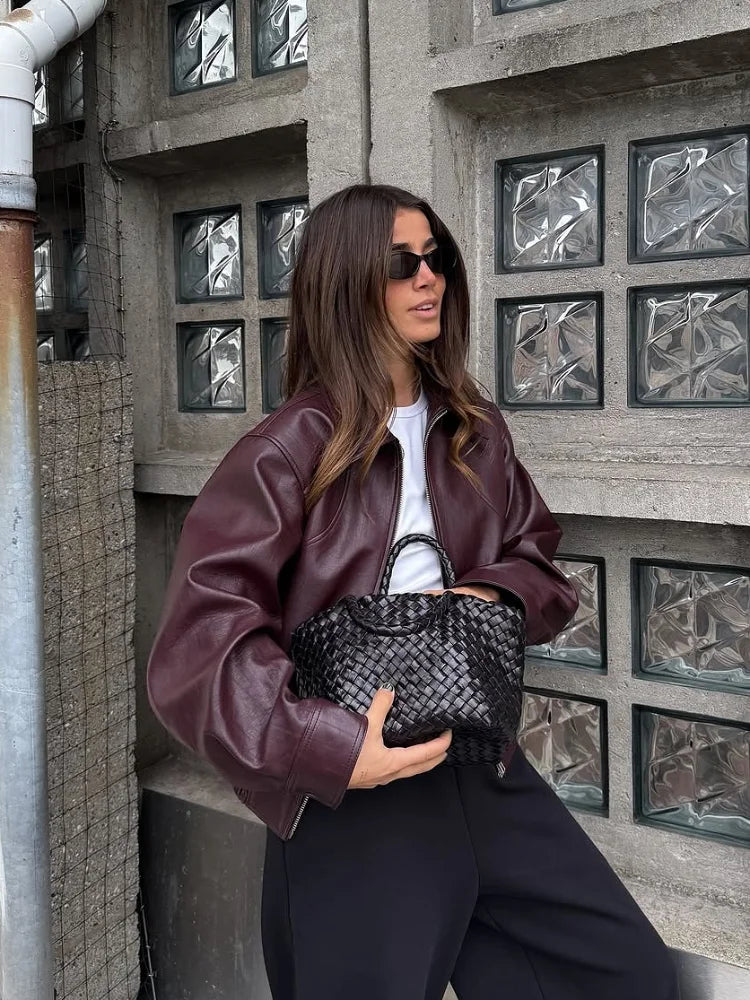 Wine Red Lapel Leather Short Coat Retro Women's Zipper Long Sleeve Jackets Female 2025 New Autumn Fashion High Street Jackets