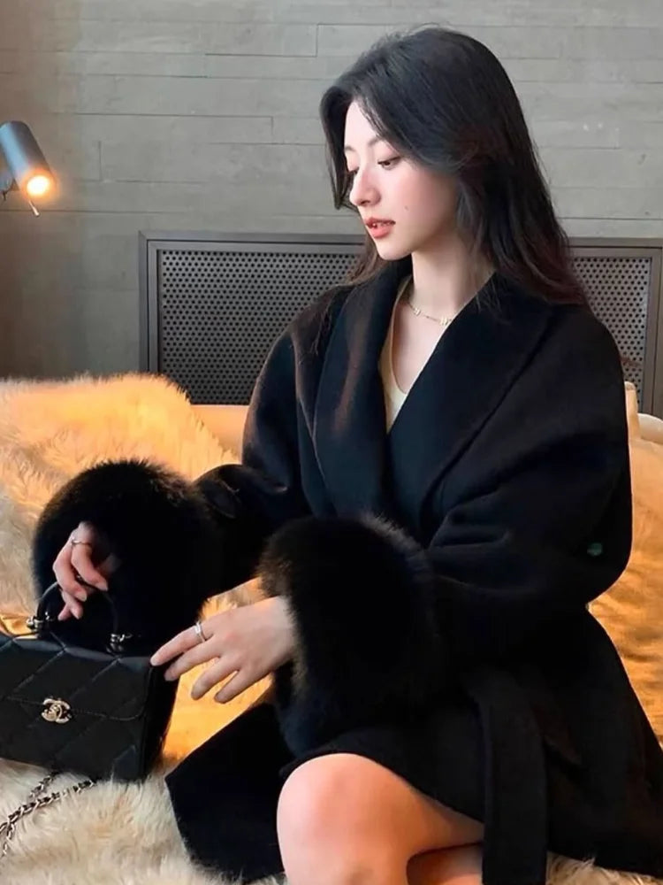 Elegant Lace Up Woolen Short Coats Solid Loose Lapel Furry Belt Long Sleeve Jacket Female 2025 Autumn Winter Lady Chic Cardigans