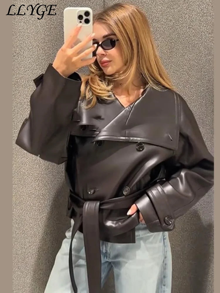 Street Women's Cropped Leather Jackets With Belt Lapel Double Breasted Pockets Long Sleeve Coat 2025 Autumn Lady Vintage Outwear