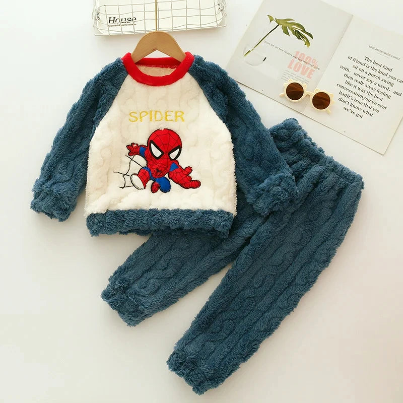 Winter Marvel Children Clothing Boys Sleepwear Set Flannel Thick Long Sleeve Warm Set Pajamas Two Pieces Kids Clothes Spiderman