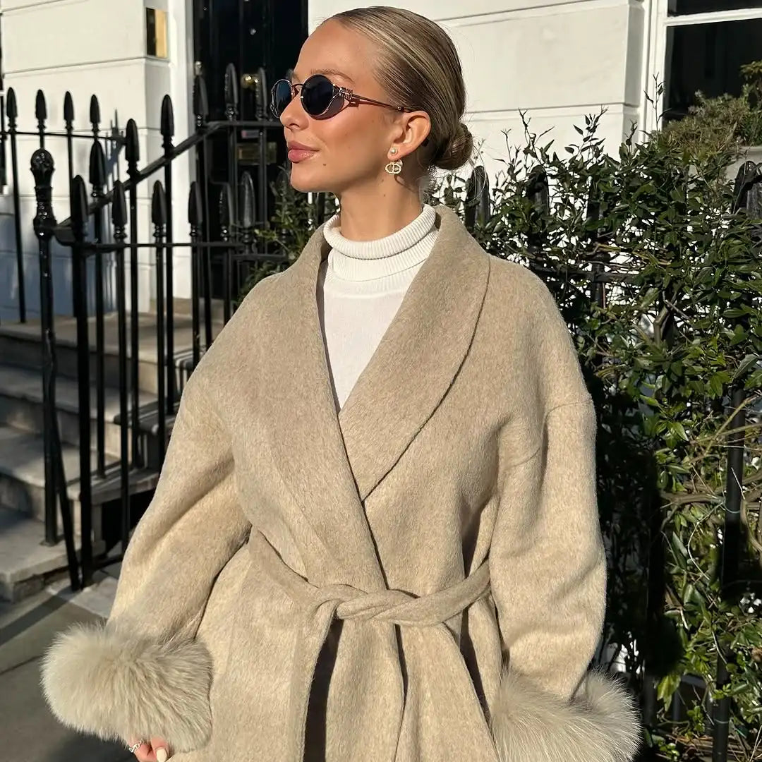 Elegant Lace Up Woolen Short Coats Solid Loose Lapel Furry Belt Long Sleeve Jacket Female 2025 Autumn Winter Lady Chic Cardigans