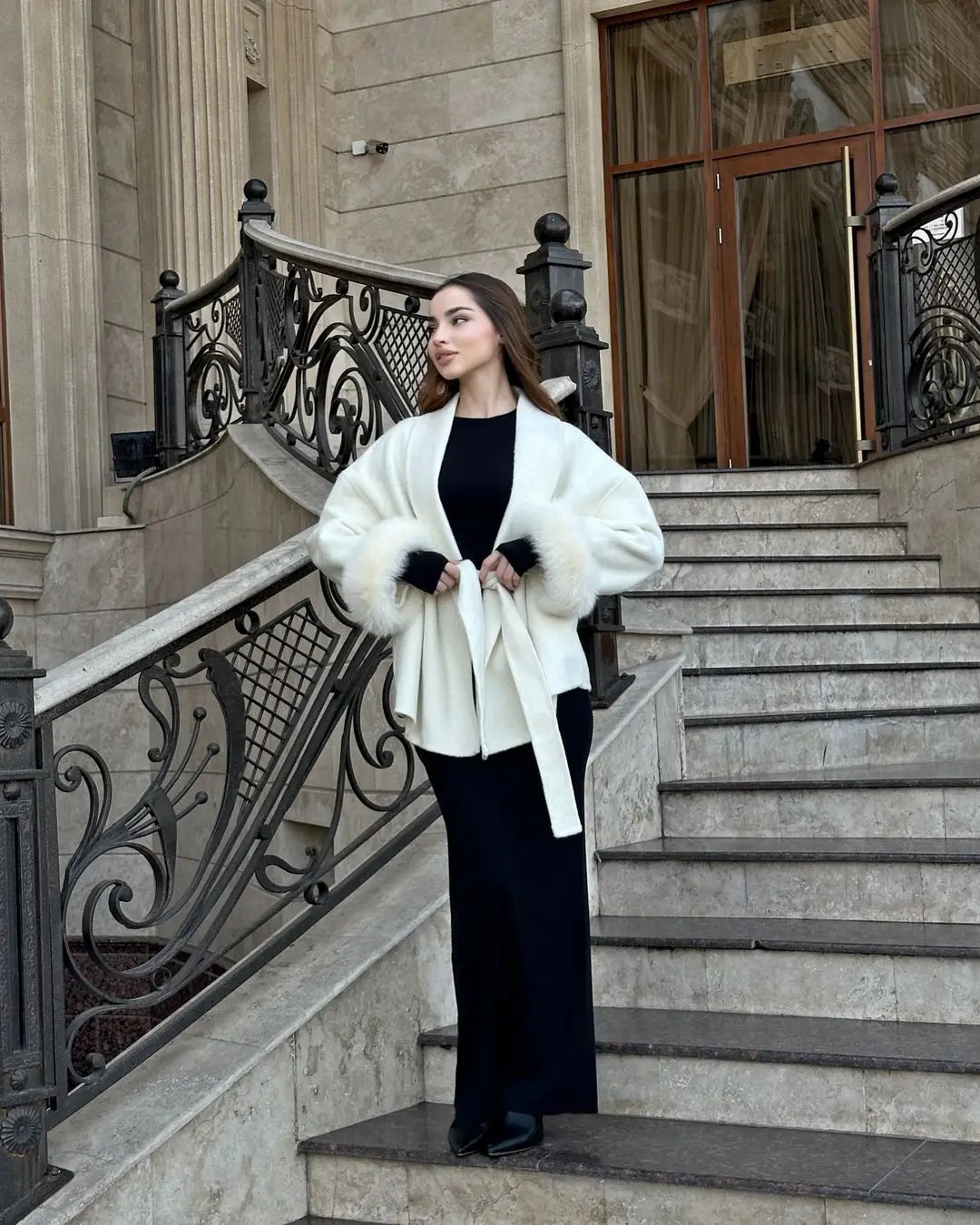 Elegant Lace Up Woolen Short Coats Solid Loose Lapel Furry Belt Long Sleeve Jacket Female 2025 Autumn Winter Lady Chic Cardigans