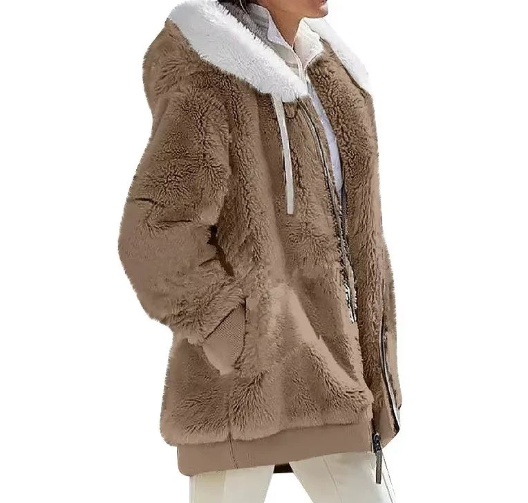Autumn Winter Fashion Women's Coat New Casual Hooded Zipper Lady Clothes Cashmere Female Fleece Jacket Solid Color Ladies Coats