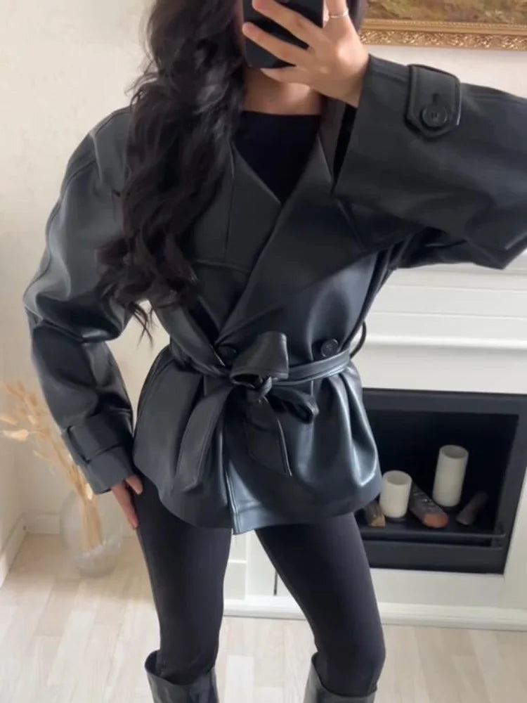 Street Women's Cropped Leather Jackets With Belt Lapel Double Breasted Pockets Long Sleeve Coat 2025 Autumn Lady Vintage Outwear