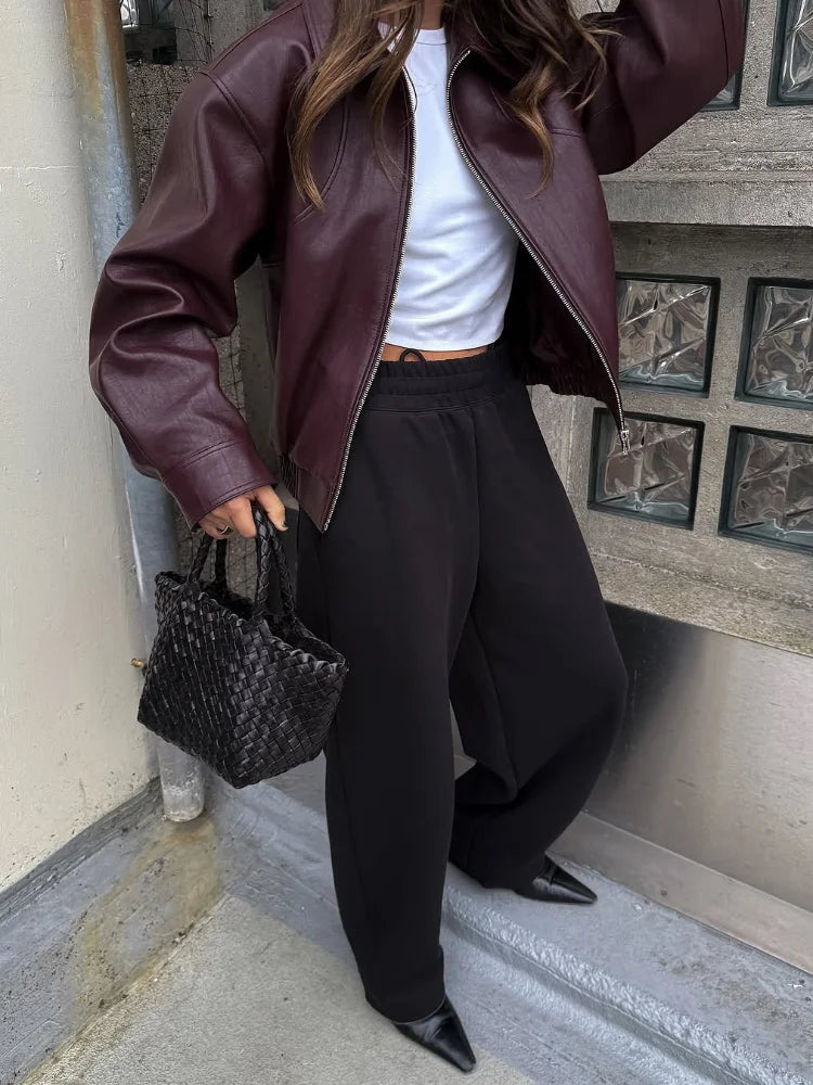 Wine Red Lapel Leather Short Coat Retro Women's Zipper Long Sleeve Jackets Female 2025 New Autumn Fashion High Street Jackets