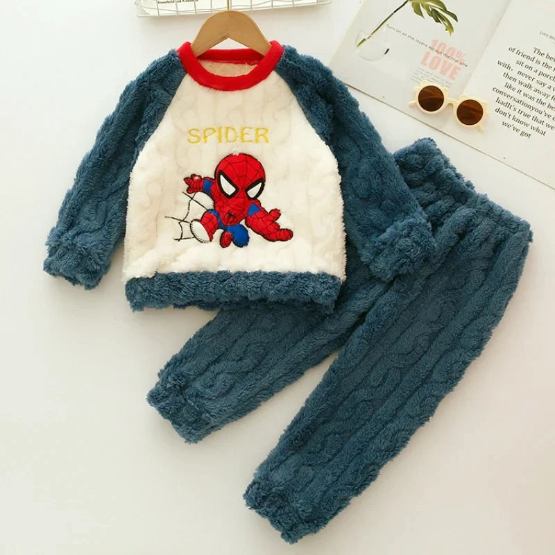 Winter Marvel Children Clothing Boys Sleepwear Set Flannel Thick Long Sleeve Warm Set Pajamas Two Pieces Kids Clothes Spiderman